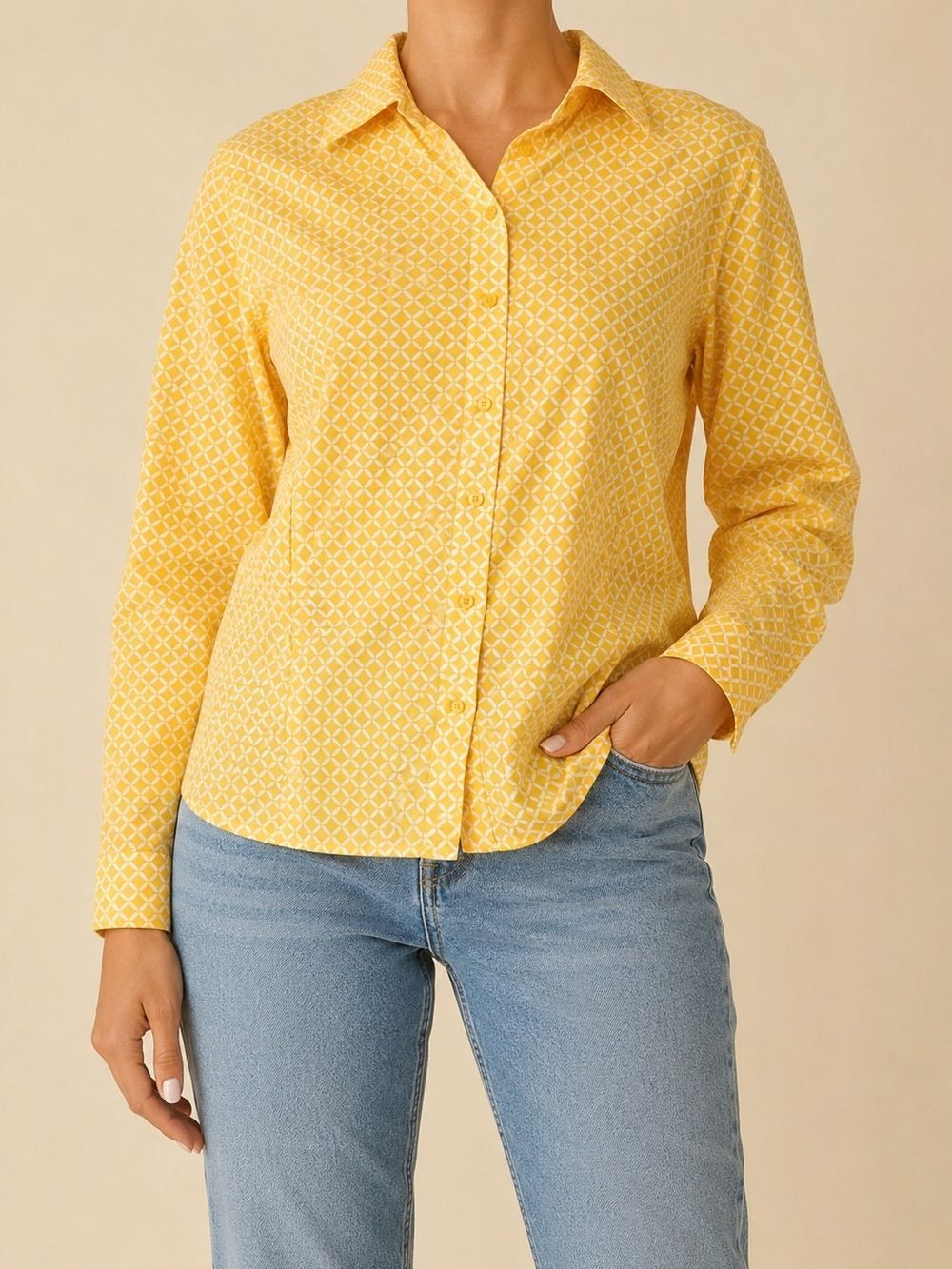 Jones New York Sport Yellow Geometric Button Front Shirt Women XL 100 Cotton